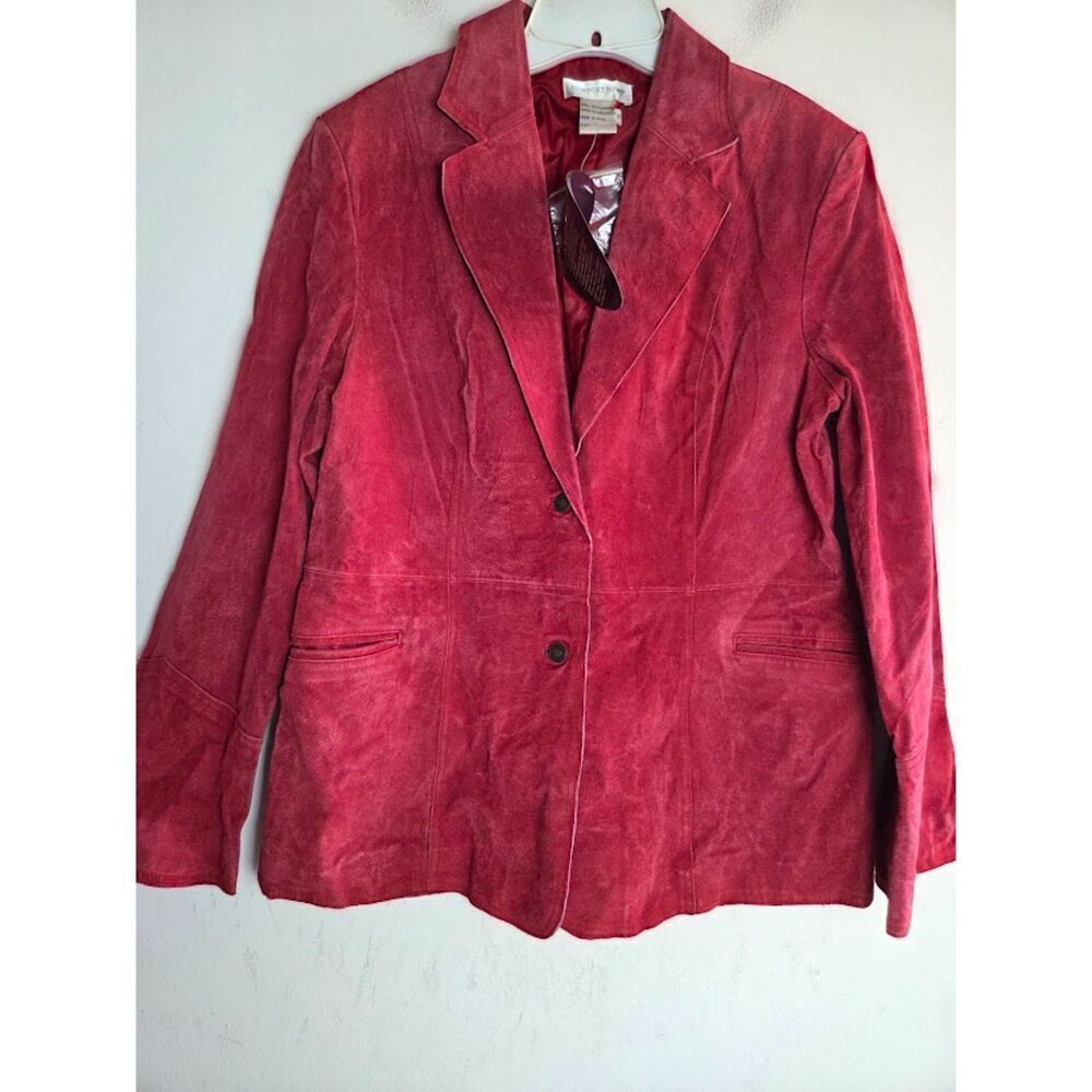 NWT Newport News Women Red 100% Leather Suede 2 Button Blazer Jacket size 14